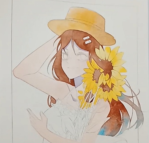 Watercolor painting step by step - Drawing a girl with sunflowers - Image 6